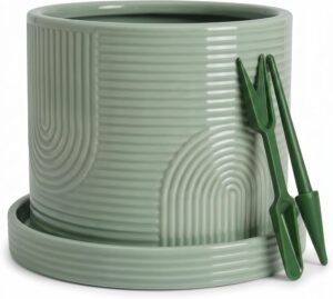 Ceramic flower pot with drainage hole and saucer